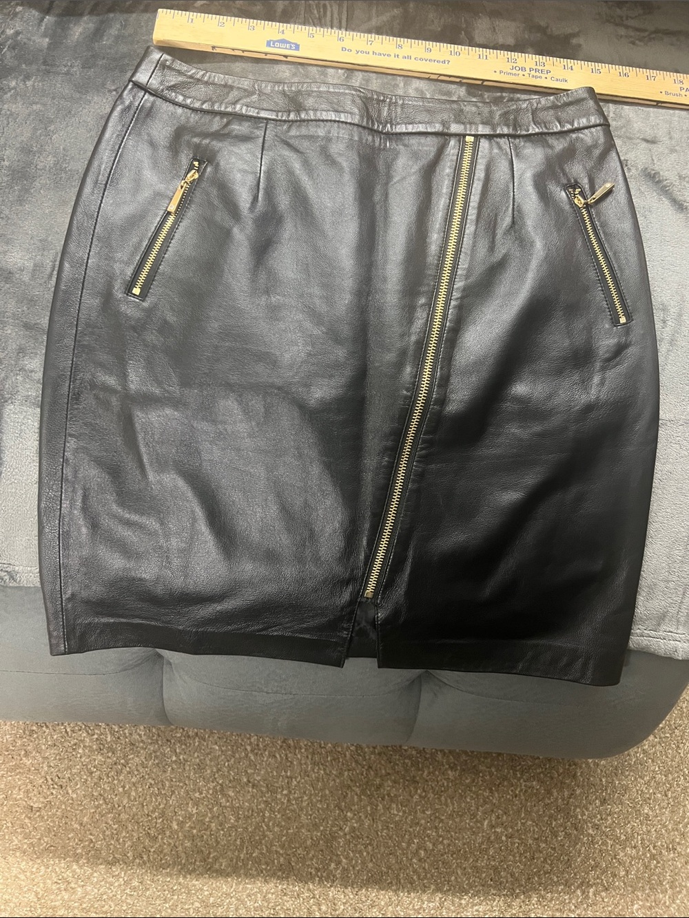 Boston Proper Black Genuine Leather Pencil Skirt with Gold Zippers